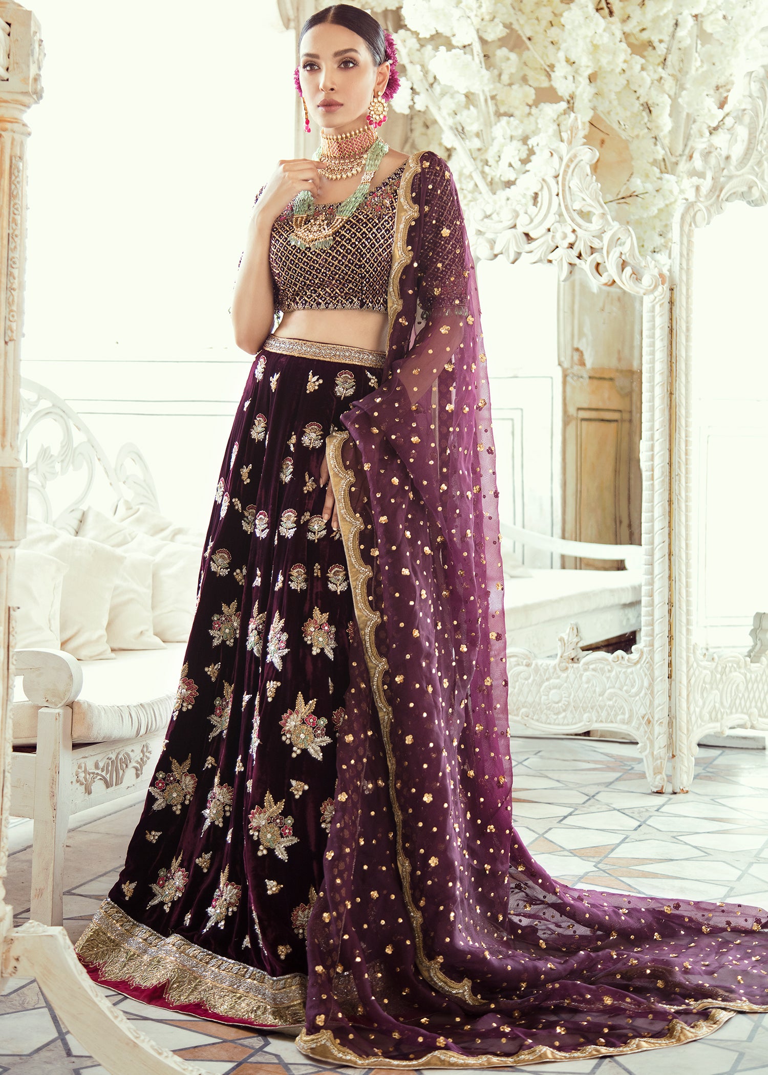 Deep Plum Embroidered Velvet Lehenga (3-Piece) - Image 2