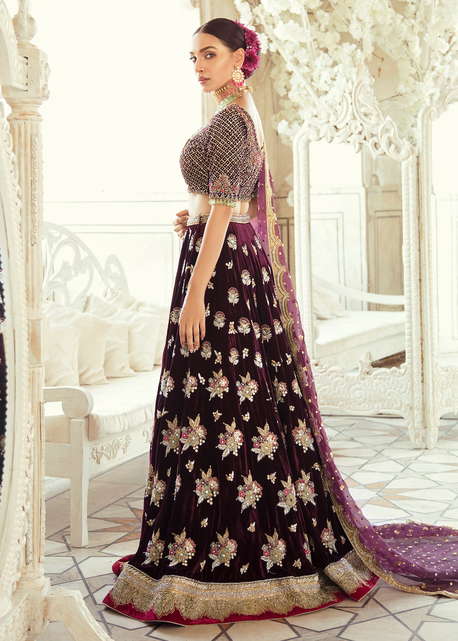 Deep Plum Embroidered Velvet Lehenga (3-Piece) - Image 4