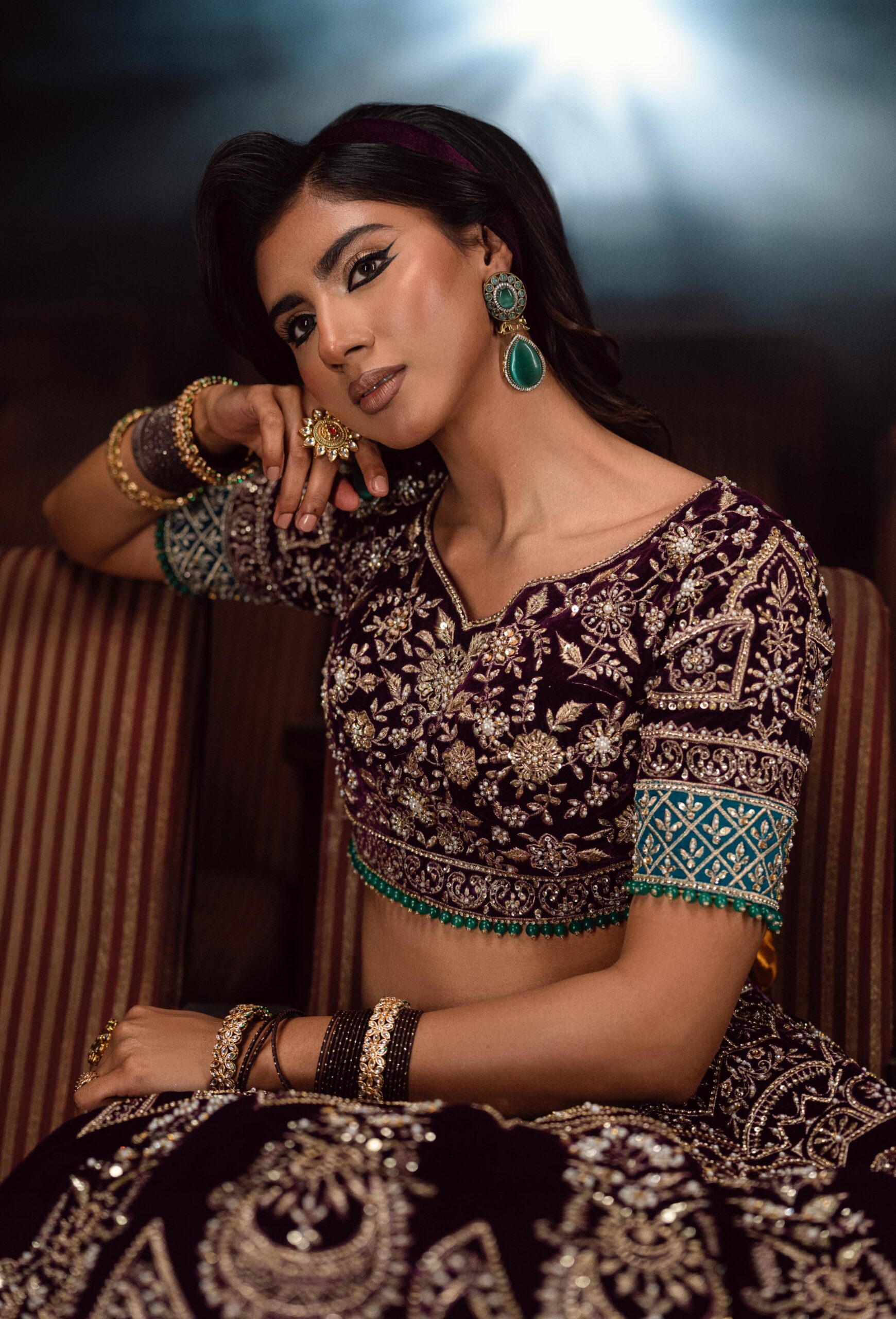 Purple Embroidered Velvet Lehenga Choli (3-Piece) - Image 2