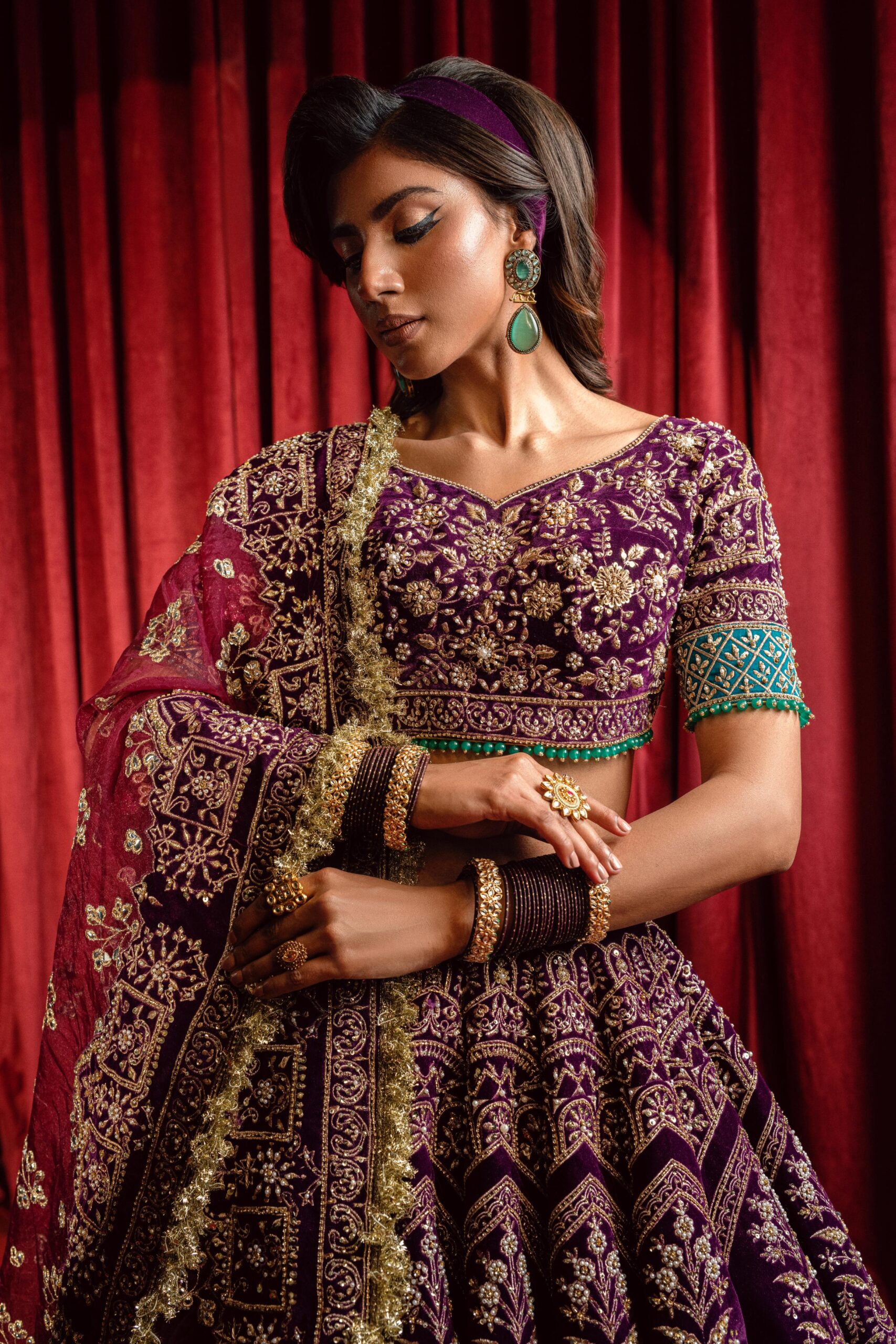Purple Embroidered Velvet Lehenga Choli (3-Piece) - Image 3