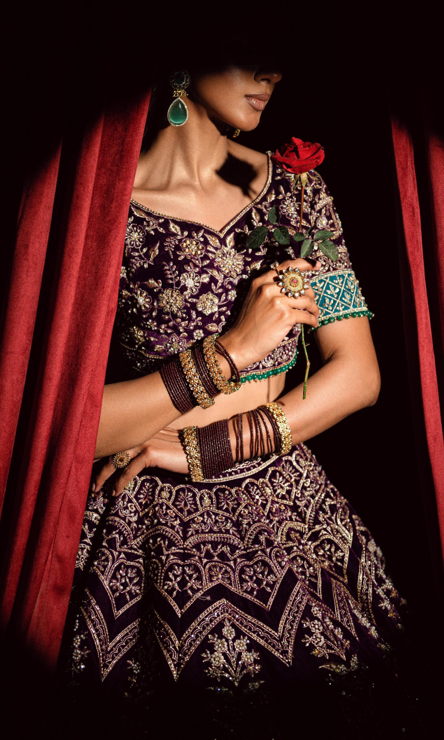 Purple Embroidered Velvet Lehenga Choli (3-Piece) - Image 4