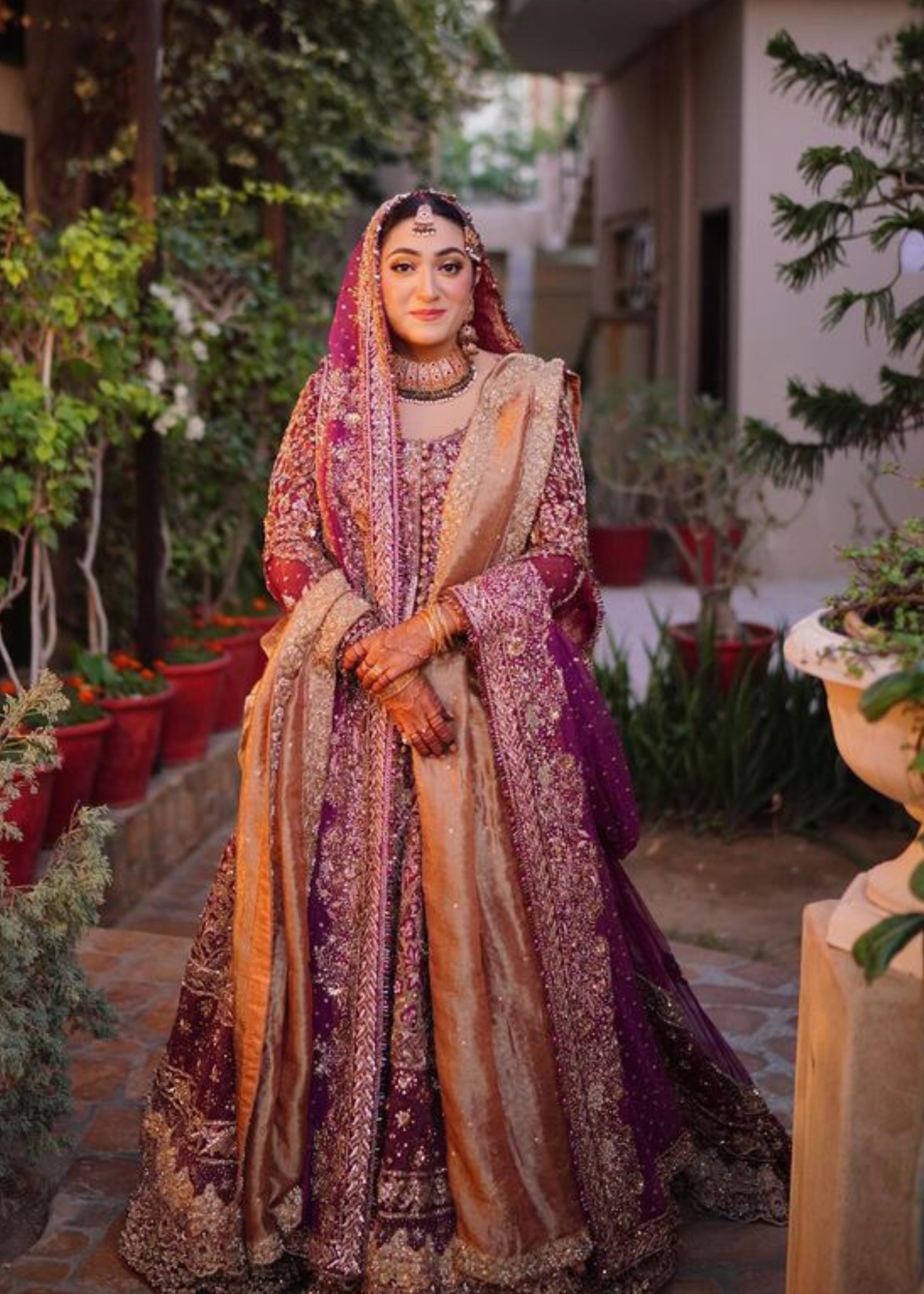 Deep Plum Gold Embellished Velvet Bridal Lehenga (3-Piece) - Image 1