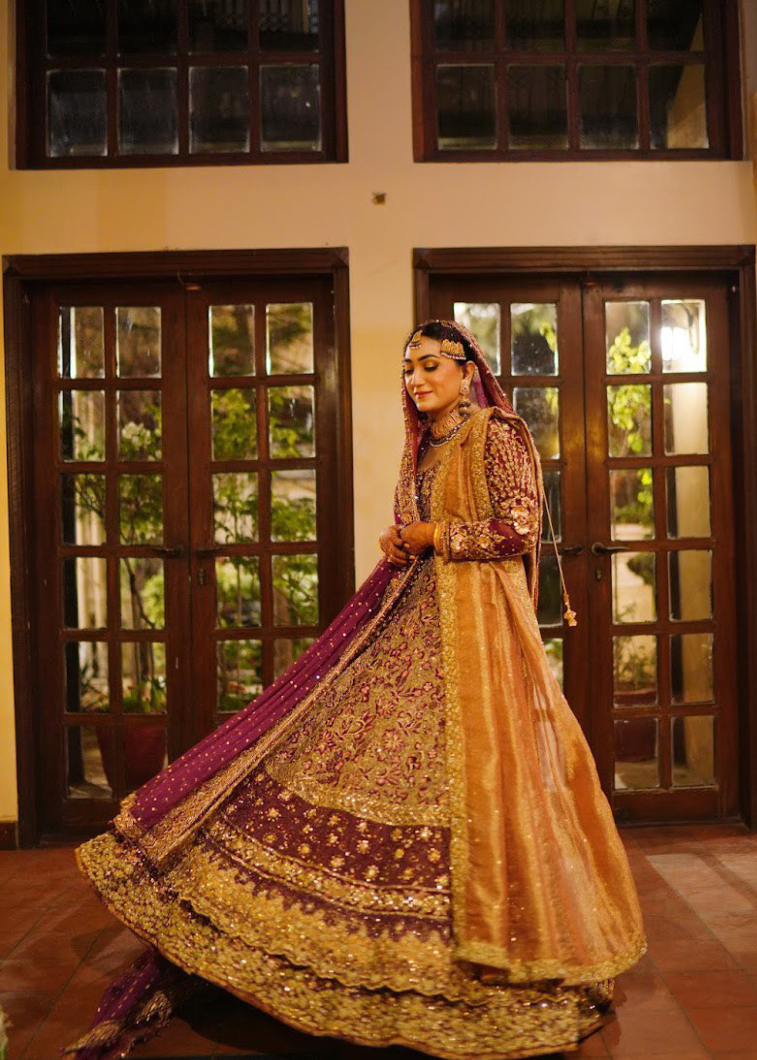 Deep Plum Gold Embellished Velvet Bridal Lehenga (3-Piece) - Image 4