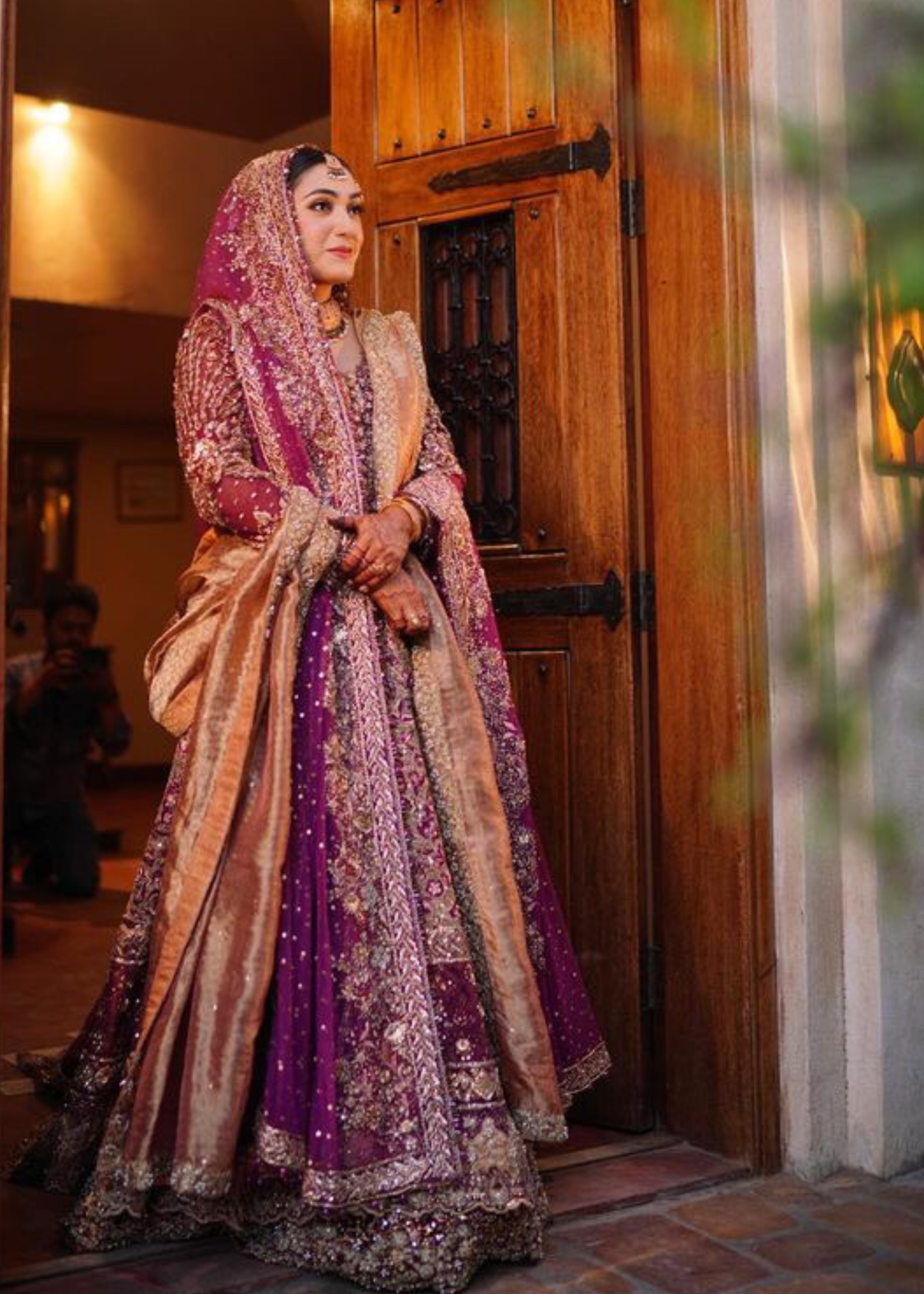 Deep Plum Gold Embellished Velvet Bridal Lehenga (3-Piece) - Image 5