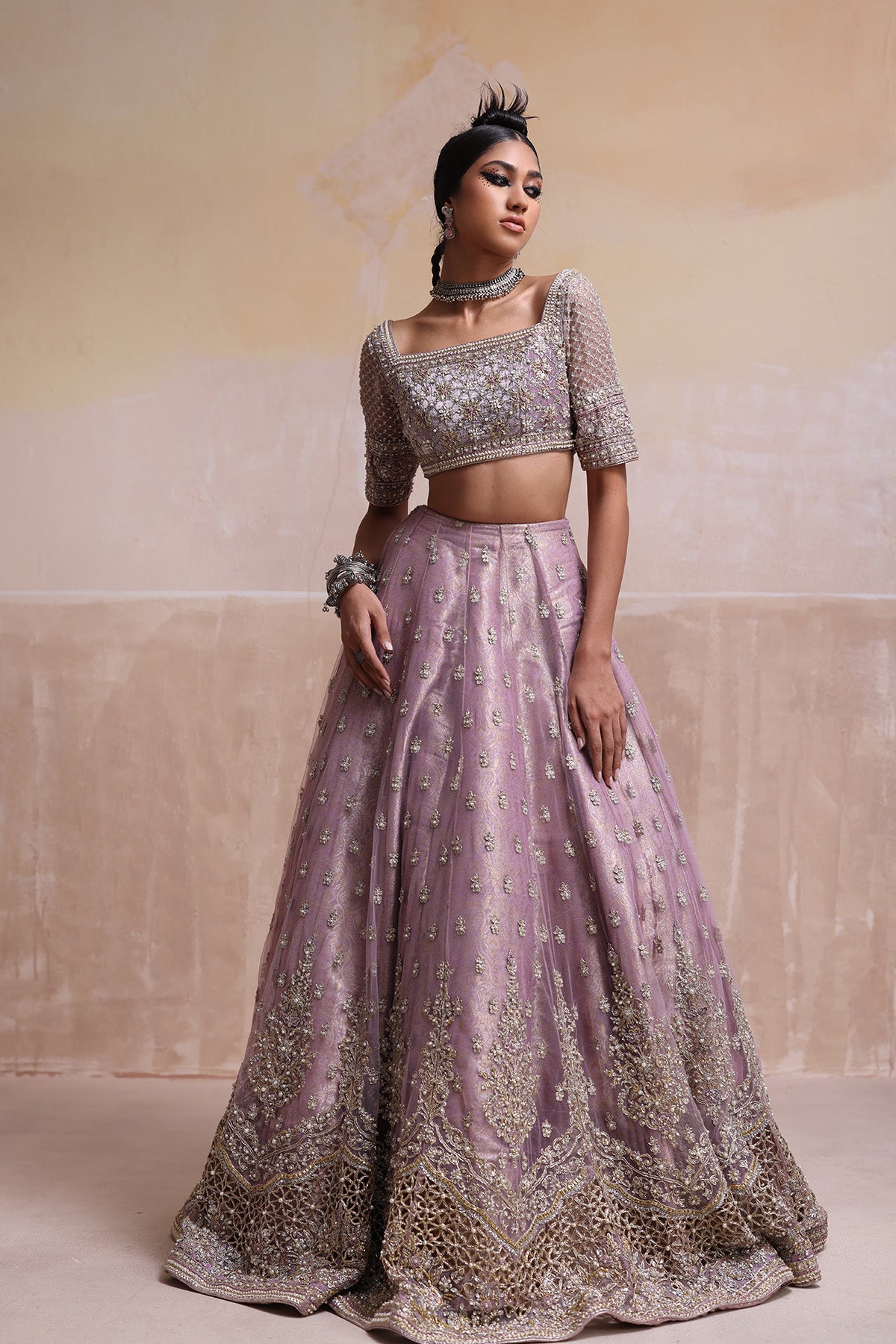 Pakistani Lilac Zardozi Velvet & Net Lehenga Choli (3-Piece) - Image 1