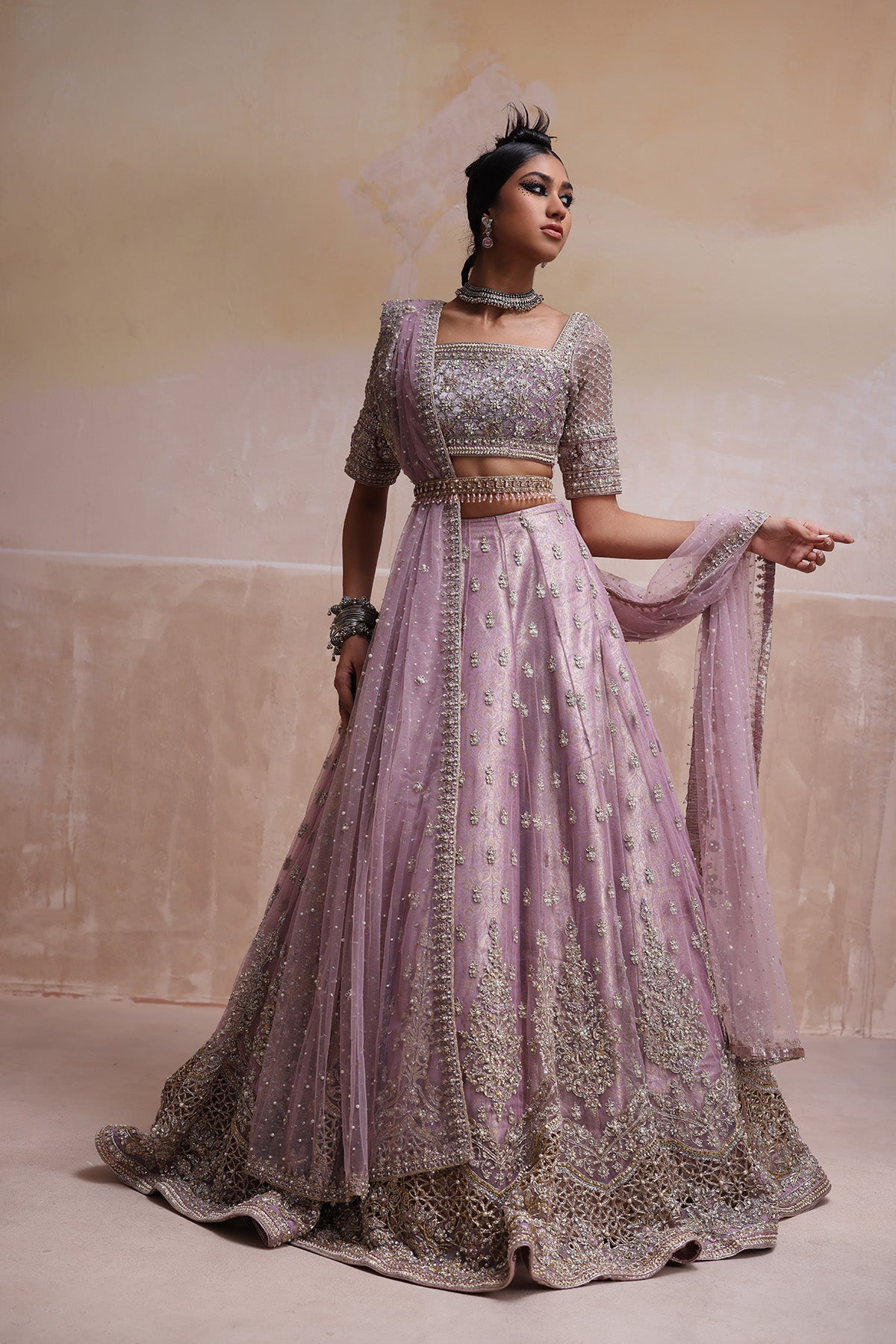 Pakistani Lilac Zardozi Velvet & Net Lehenga Choli (3-Piece) - Image 4