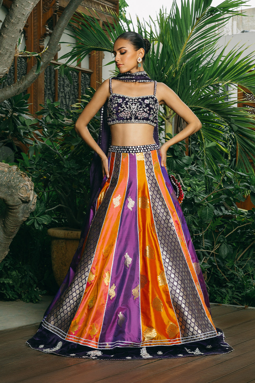 Plum Zardozi Velvet Lehenga Choli (3-Piece) - Image 1