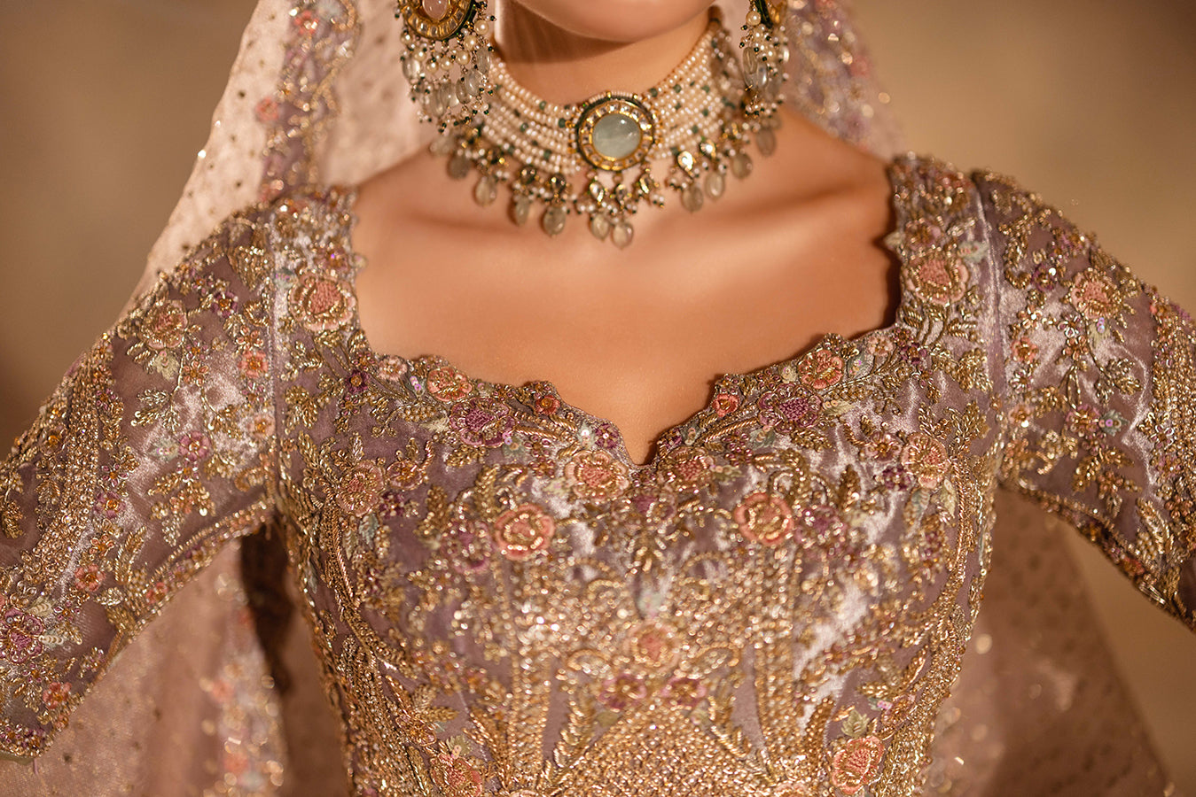 Lilac Floral Embroidered Zari Net Lehnga Choli (3-Piece) - Image 11