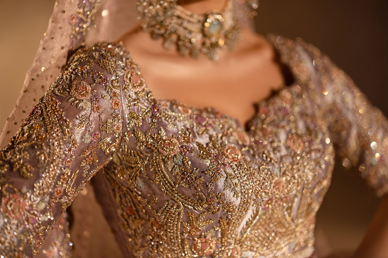 Lilac Embroidered Zari Net Lehenga (3-Piece) - Image 10