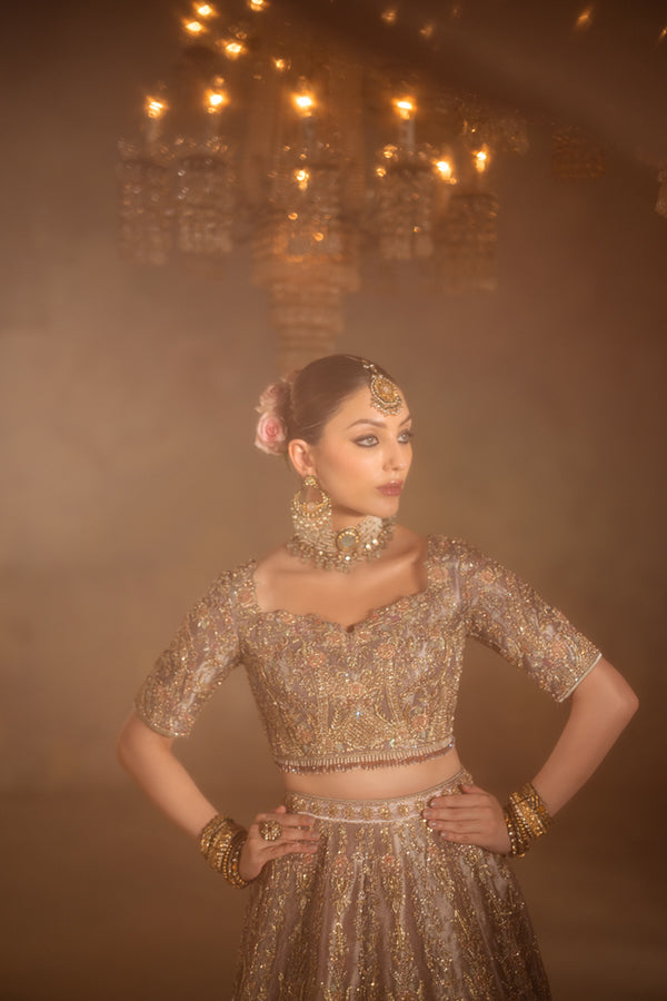 Lilac Embroidered Zari Net Lehenga (3-Piece) - Image 3