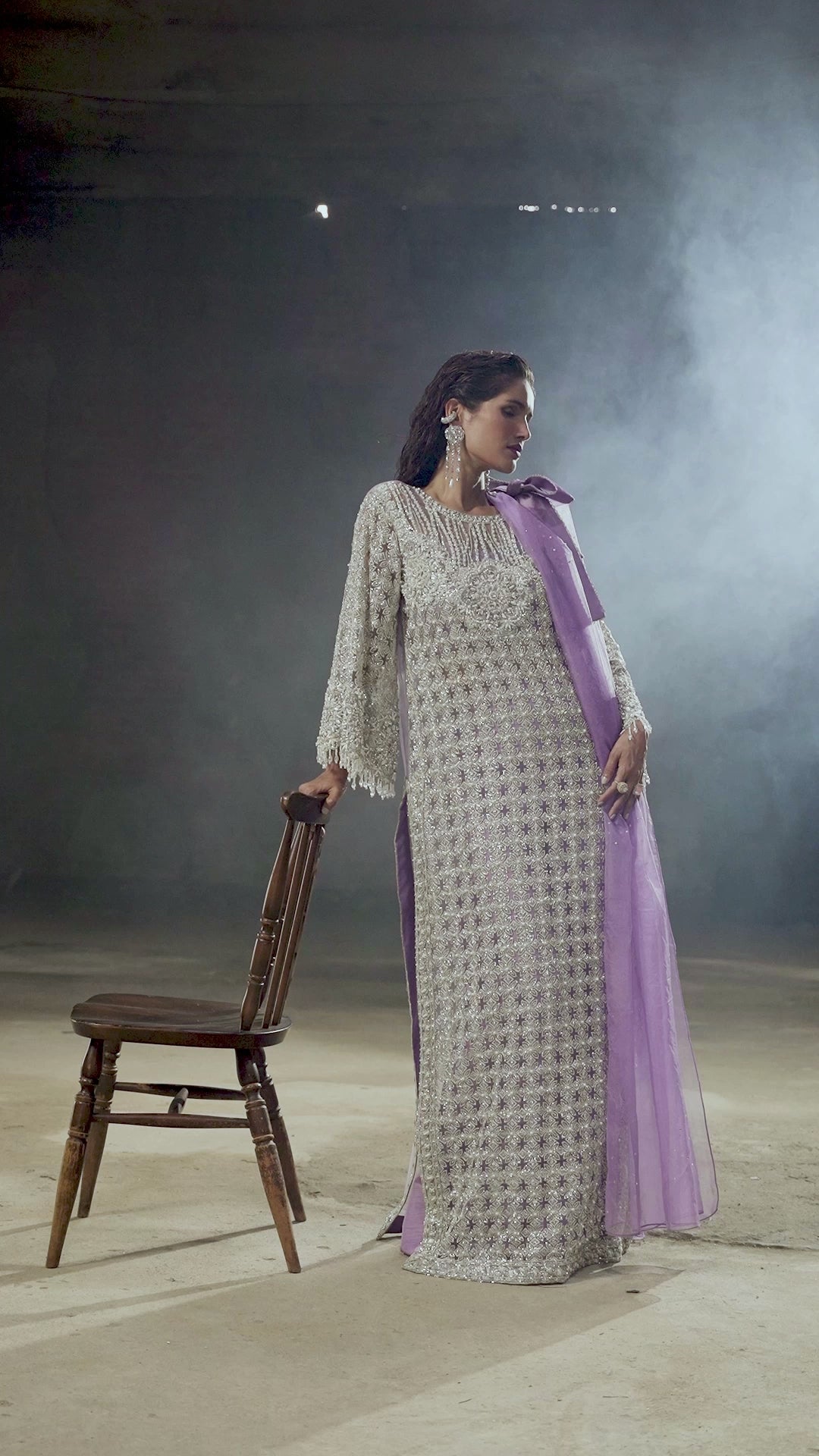 Purple Embroidered Net Maxi Dress (3-Piece) - Image 16