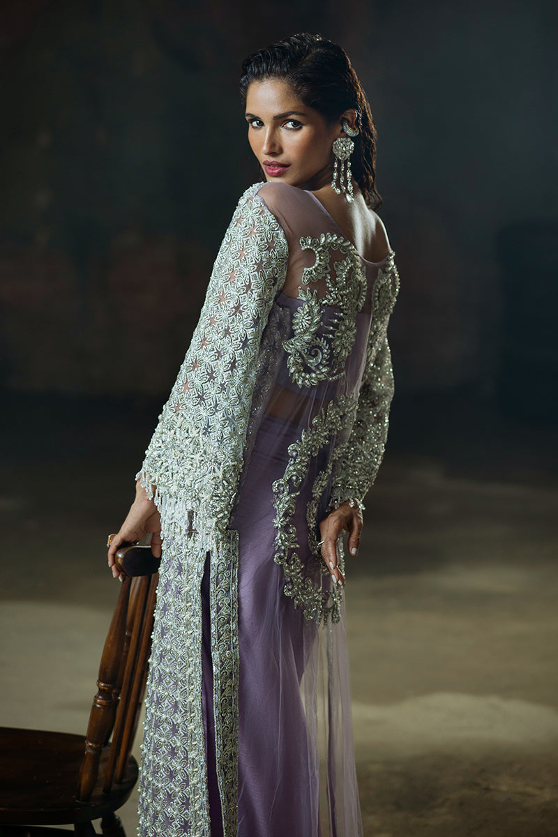 Purple Embroidered Net Maxi Dress (3-Piece) - Image 9