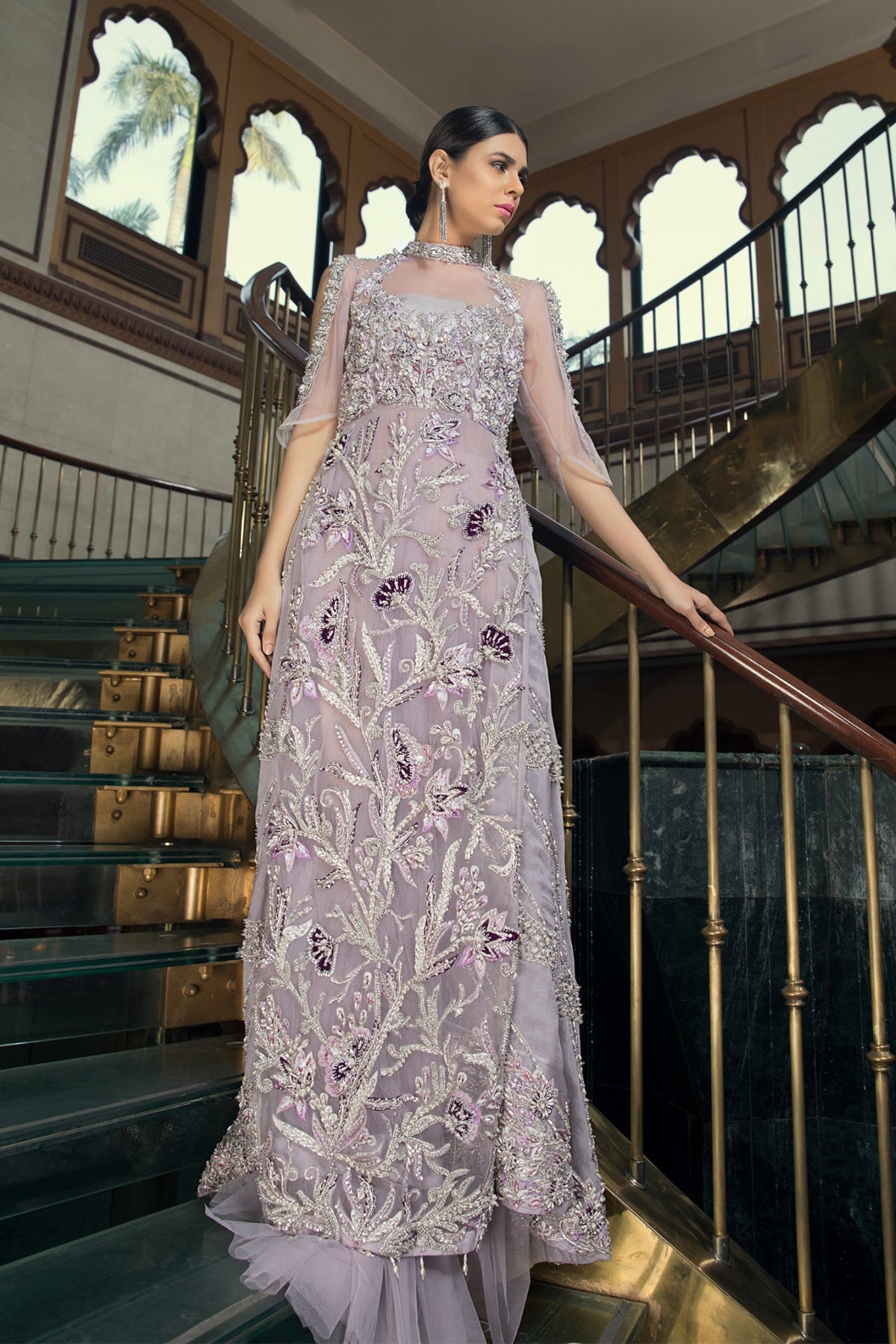 Lilac Embroidered Net Maxi Dress (1-Pc) - Image 1