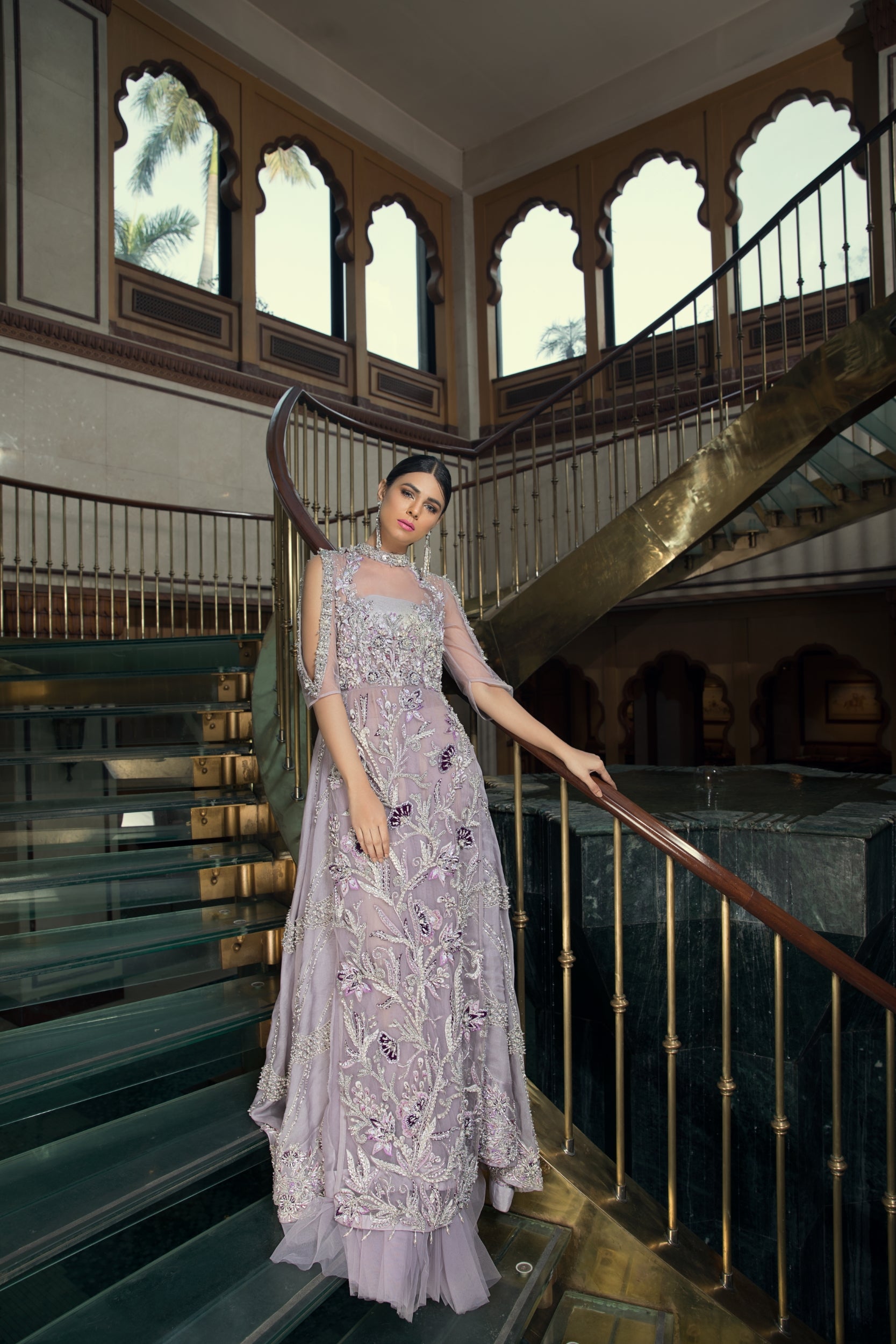Lilac Embroidered Net Maxi Dress (1-Pc) - Image 4