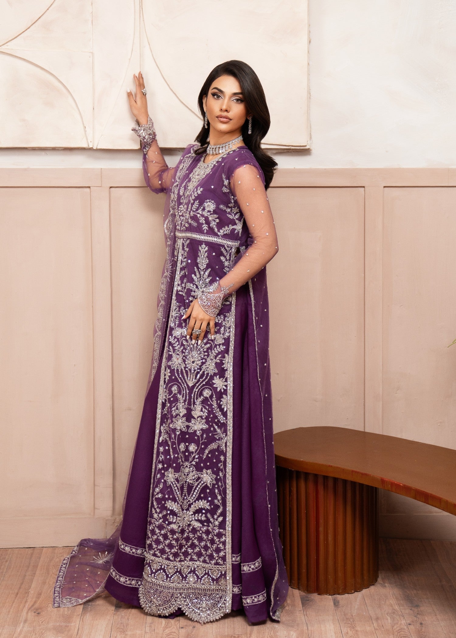 Pakistani Purple Embroidered Net Floor-Length Maxi (2-Piece) - Image 2