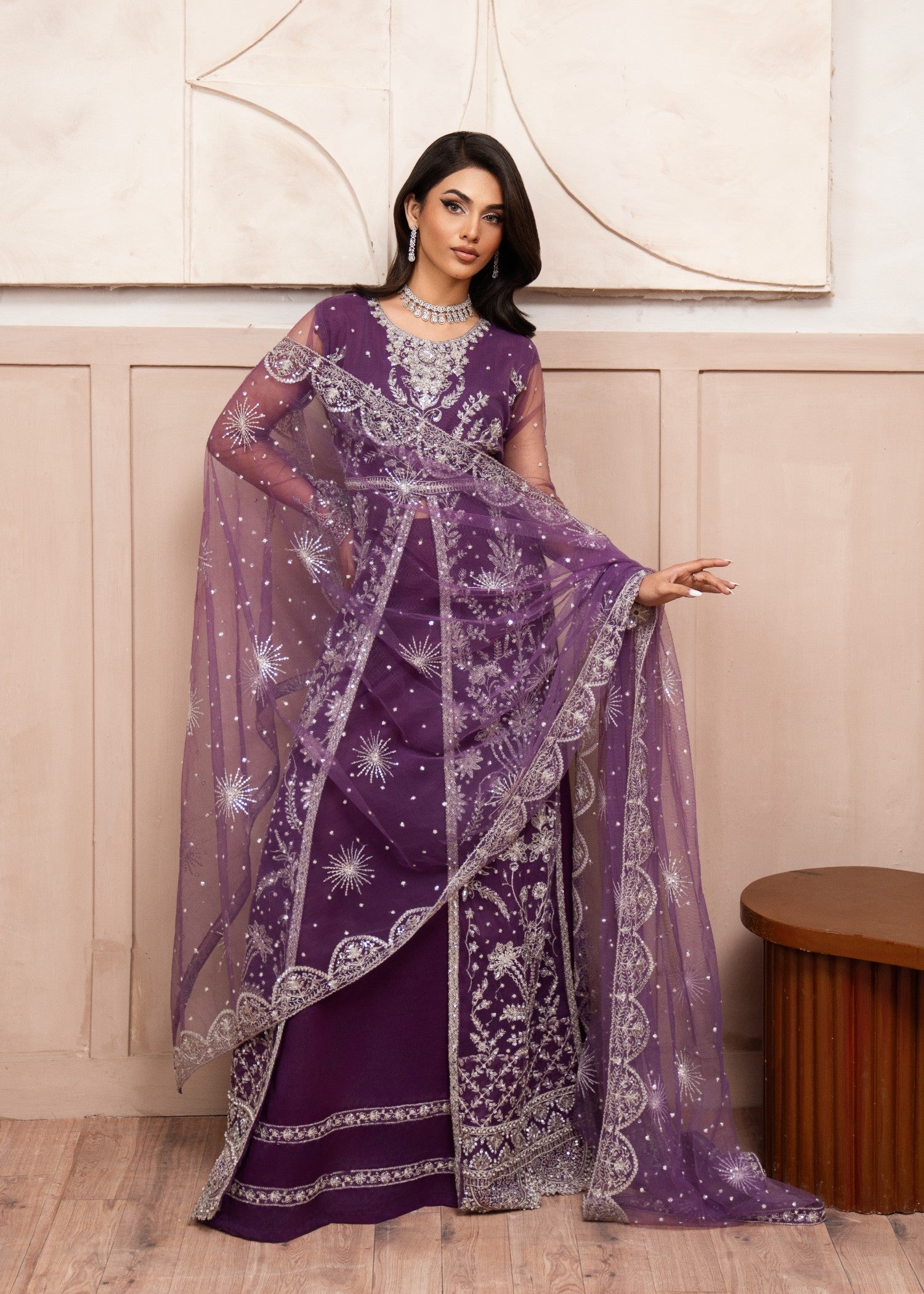 Pakistani Purple Embroidered Net Floor-Length Maxi (2-Piece) - Image 3