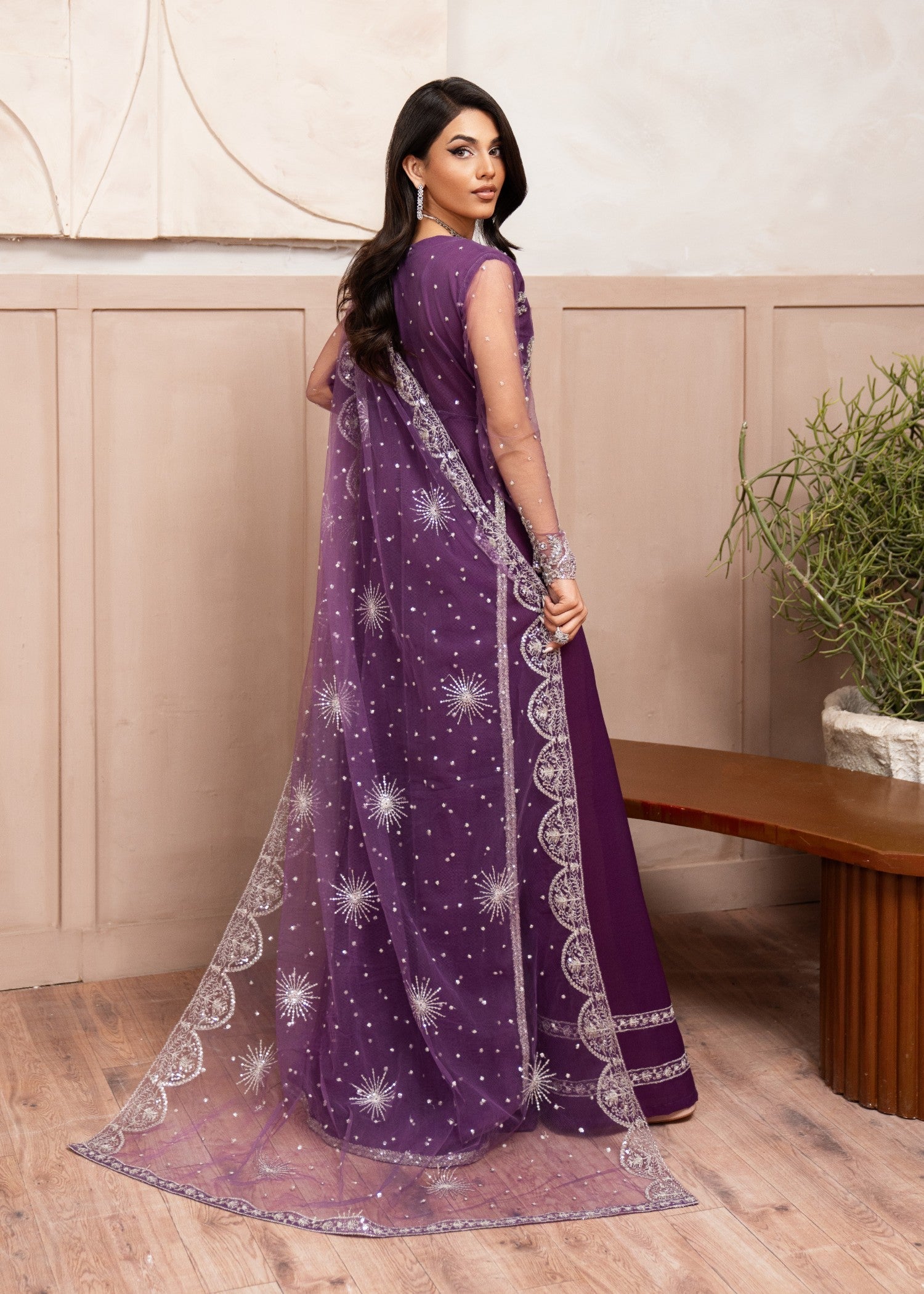 Pakistani Purple Embroidered Net Floor-Length Maxi (2-Piece) - Image 4