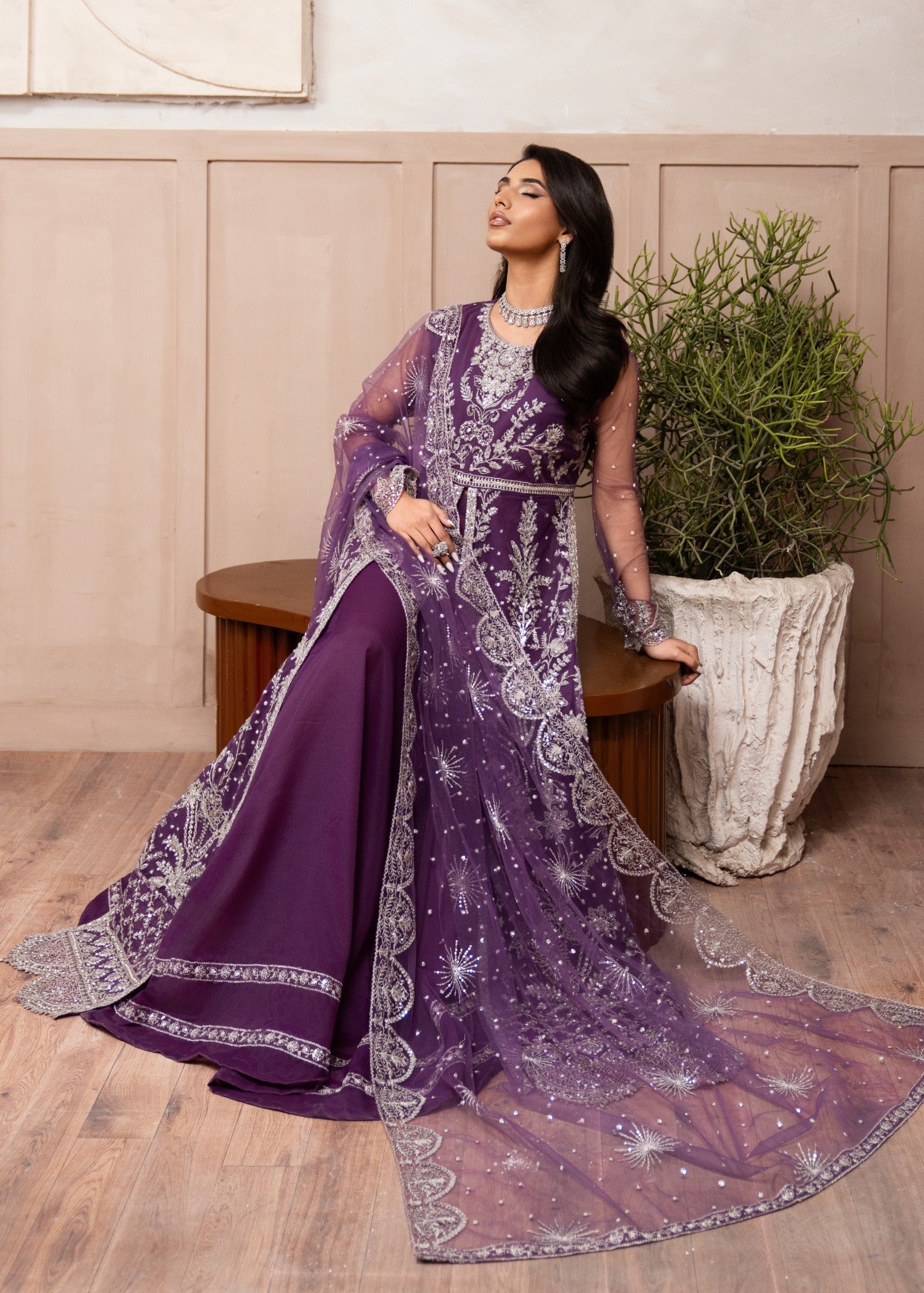 Pakistani Purple Embroidered Net Floor-Length Maxi (2-Piece) - Image 5