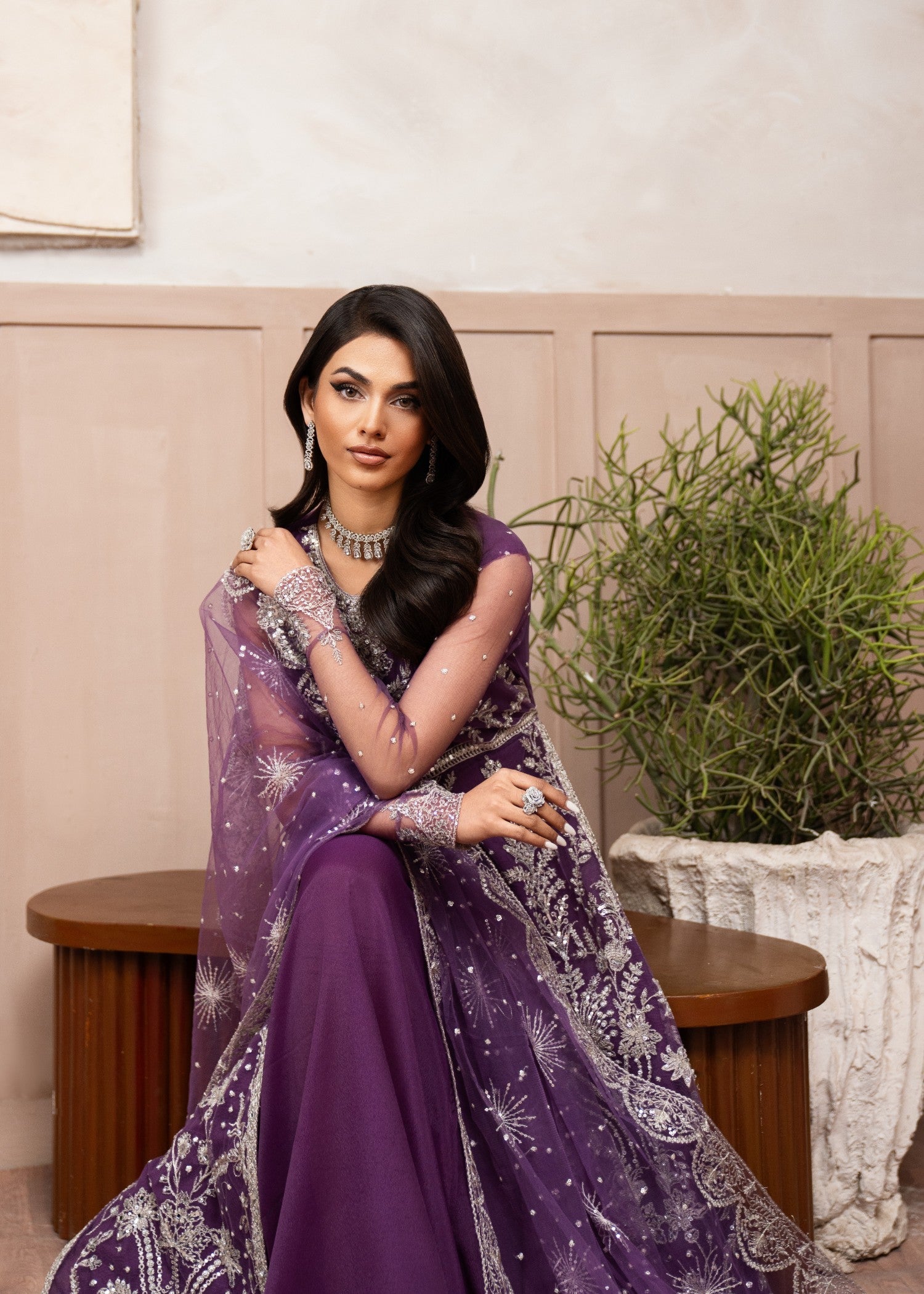 Pakistani Purple Embroidered Net Floor-Length Maxi (2-Piece) - Image 6