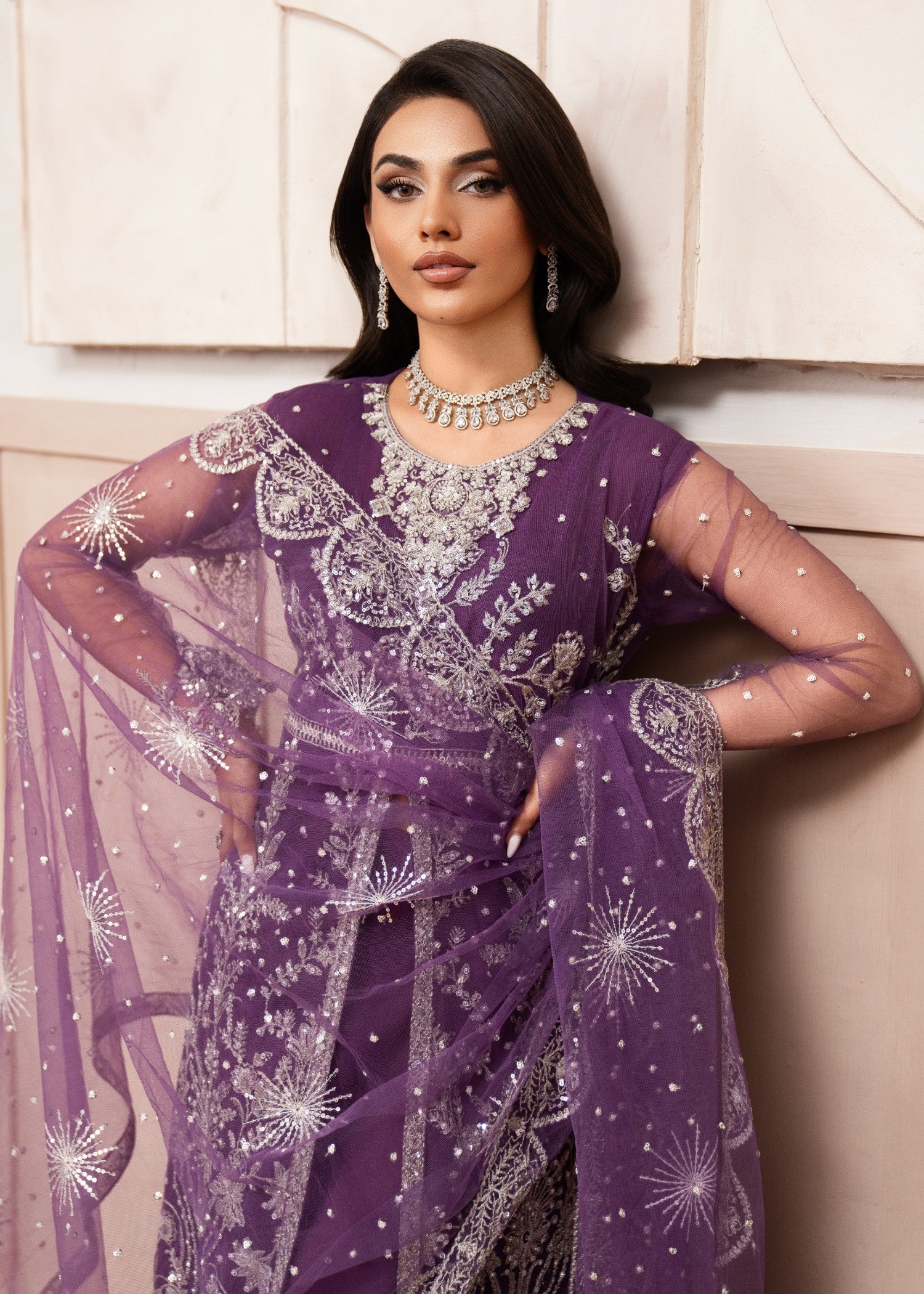 Pakistani Purple Embroidered Net Floor-Length Maxi (2-Piece) - Image 7