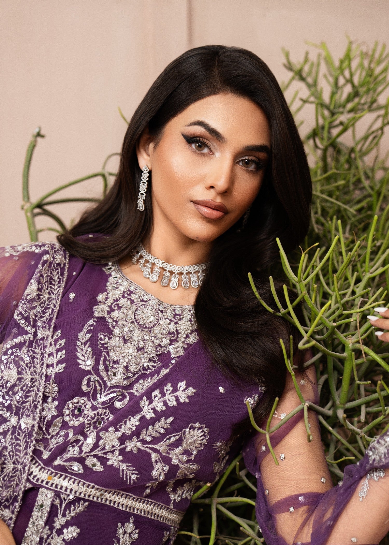 Pakistani Purple Embroidered Net Floor-Length Maxi (2-Piece) - Image 8