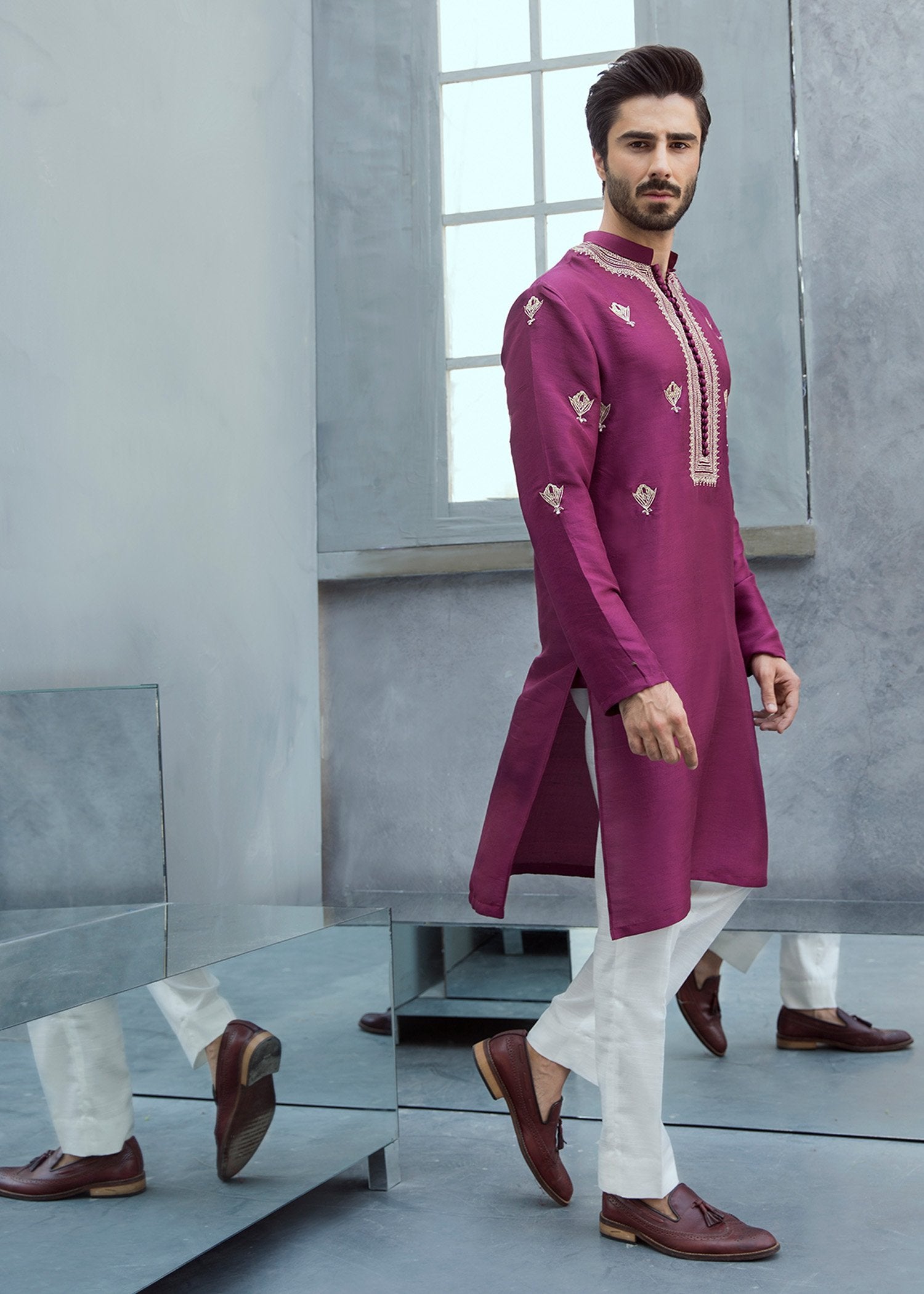 Plum Embroidered Korean Raw Silk Kurta (2-Piece) - Image 1
