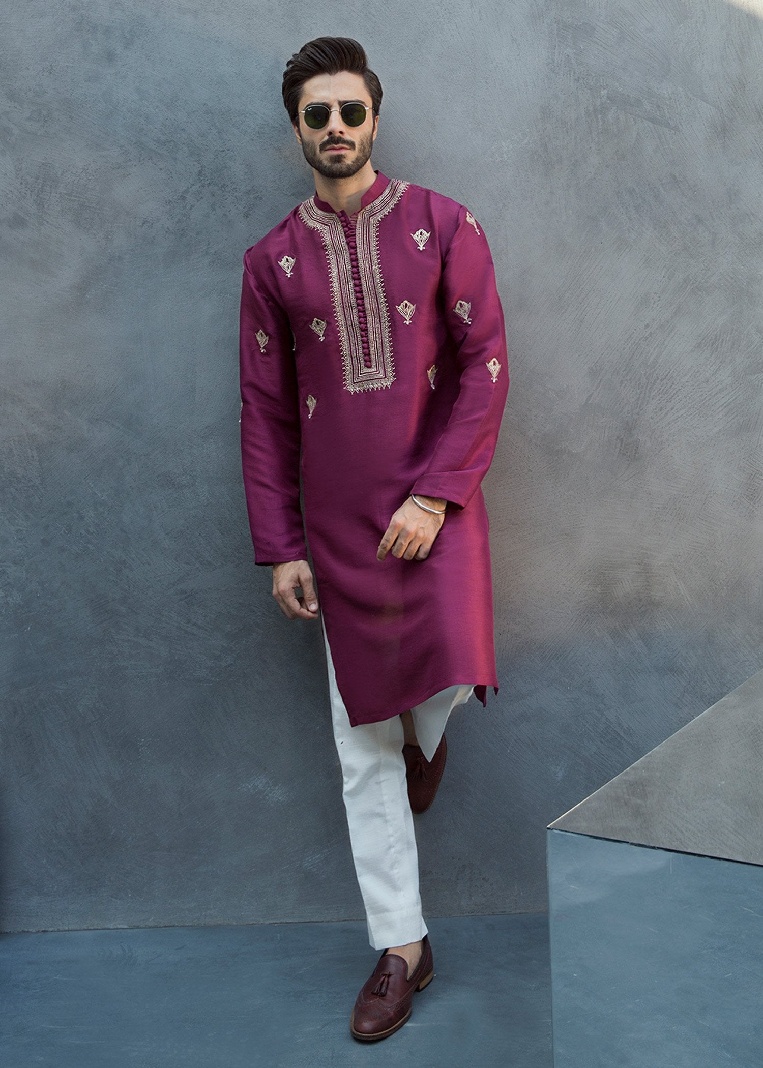 Plum Embroidered Korean Raw Silk Kurta (2-Piece) - Image 2