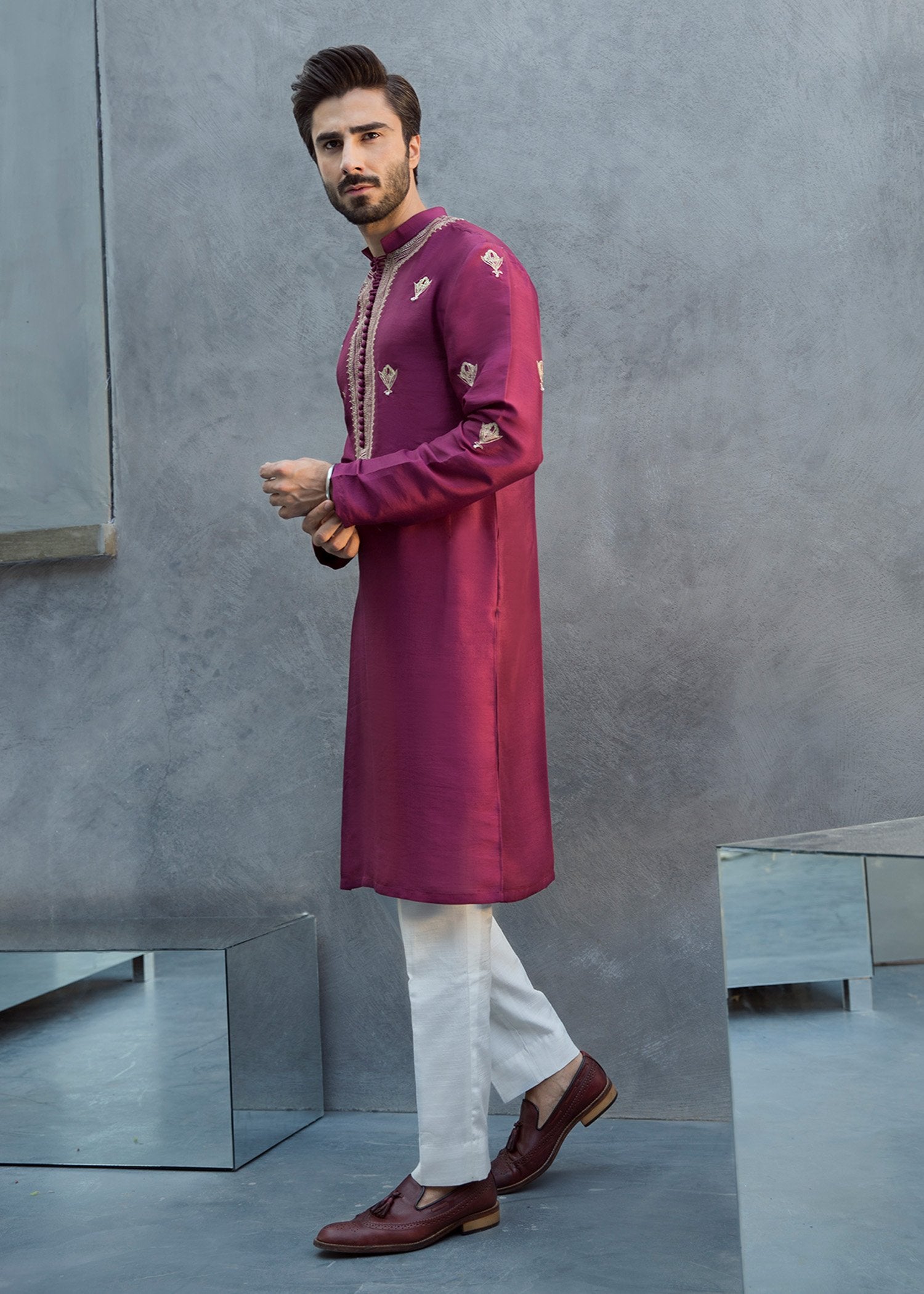 Plum Embroidered Korean Raw Silk Kurta (2-Piece) - Image 3