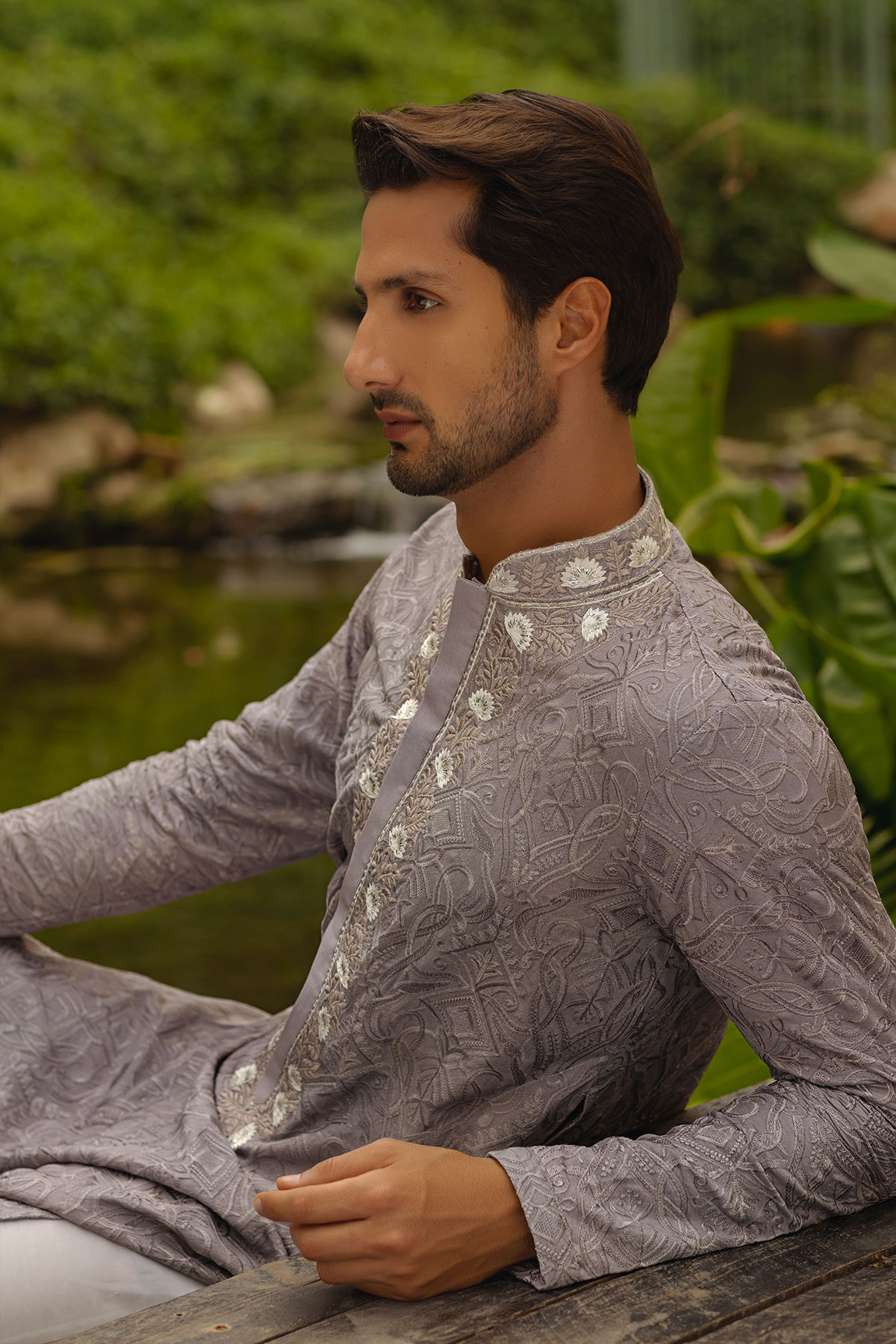 Muted Lilac Embroidered Raw Silk Kurta (2-Piece) - Image 4