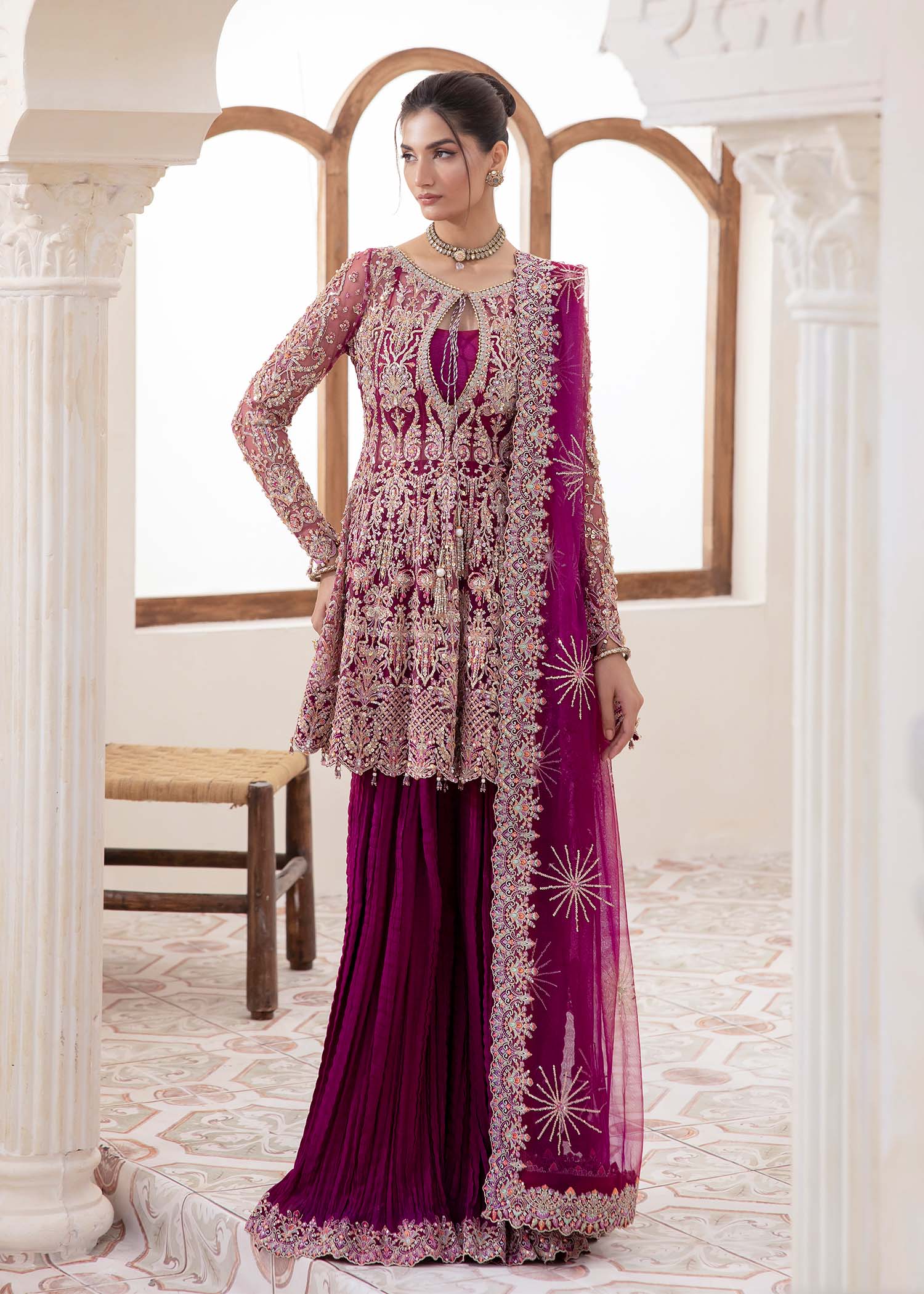 Indian Plum Embroidered Net Peplum Dress (3-Piece) - Image 1