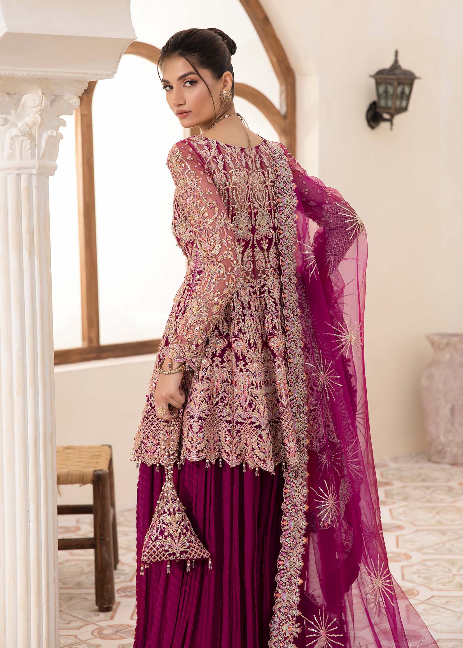 Indian Plum Embroidered Net Peplum Dress (3-Piece) - Image 7