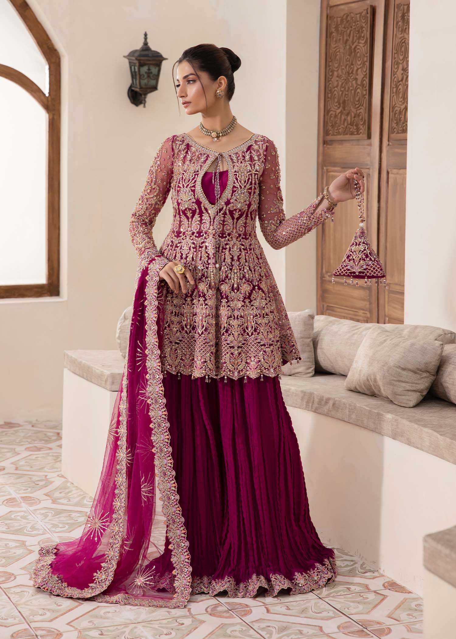 Indian Plum Embroidered Net Peplum Dress (3-Piece) - Image 9