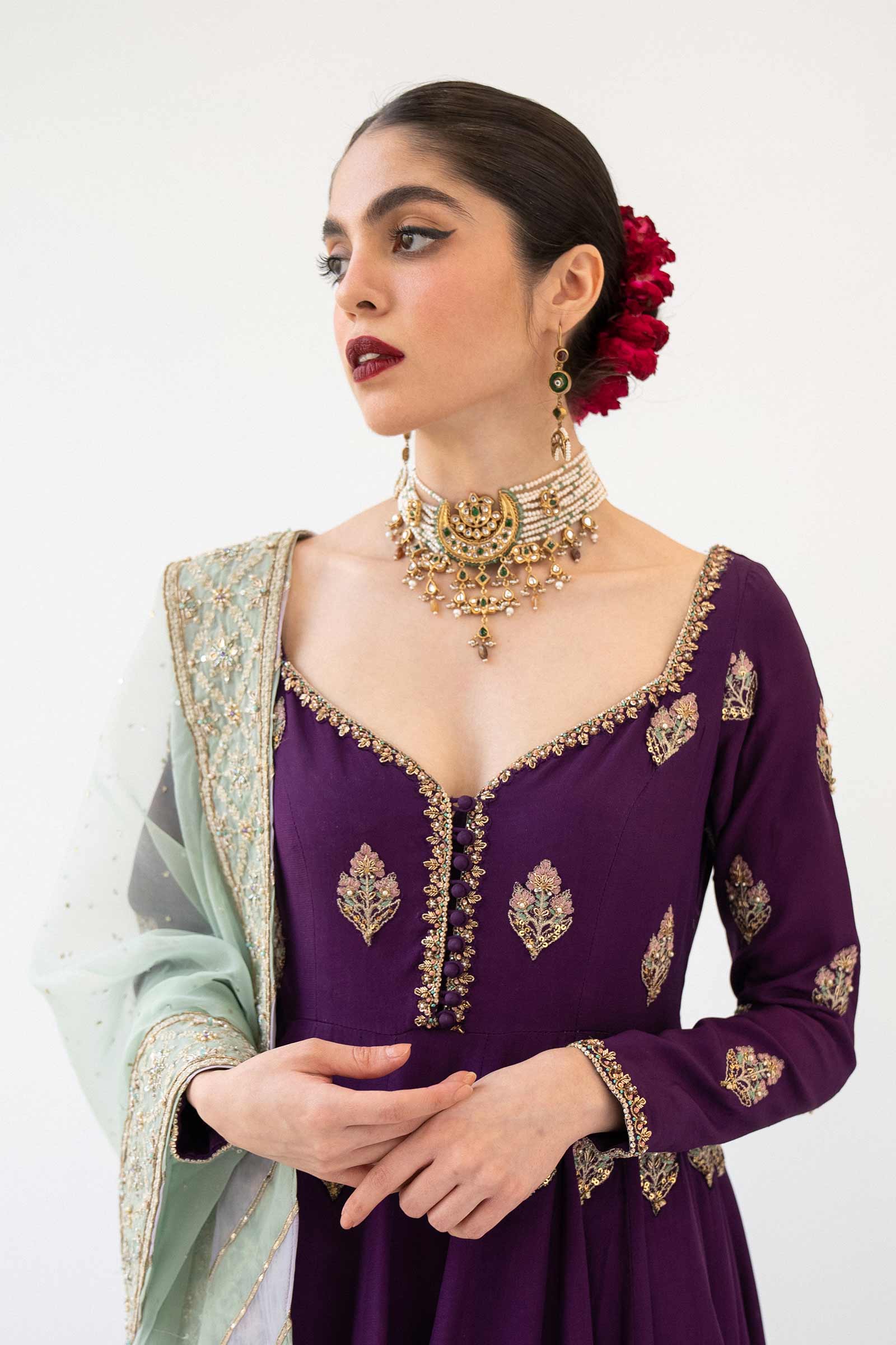 Pakistani Purple Naqshi Embroidered Bamber Silk Pishwas (3-Piece) - Image 2