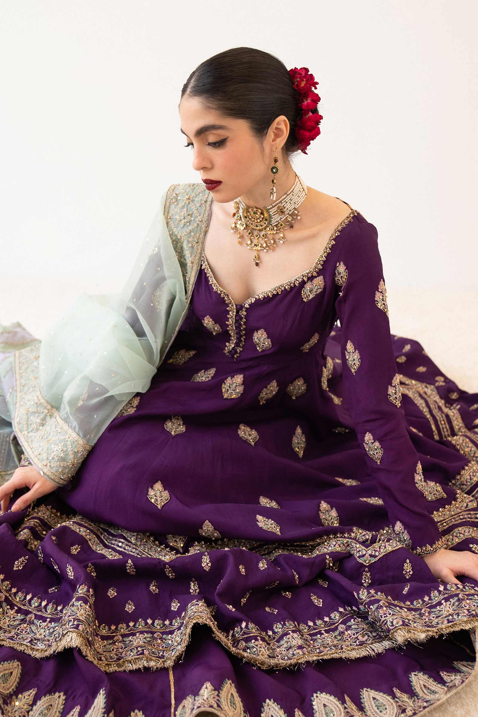 Pakistani Purple Naqshi Embroidered Bamber Silk Pishwas (3-Piece) - Image 3