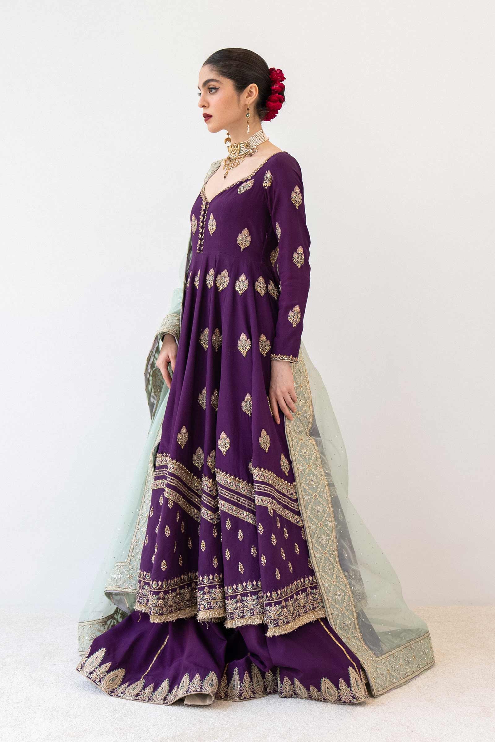 Pakistani Purple Naqshi Embroidered Bamber Silk Pishwas (3-Piece) - Image 4