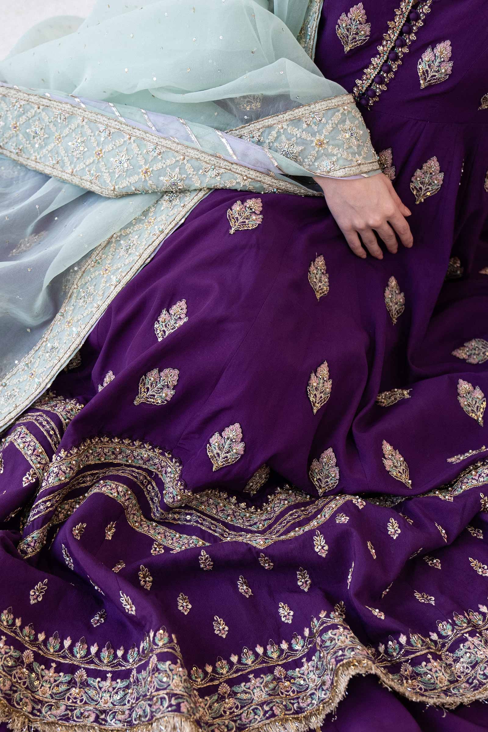 Pakistani Purple Naqshi Embroidered Bamber Silk Pishwas (3-Piece) - Image 5