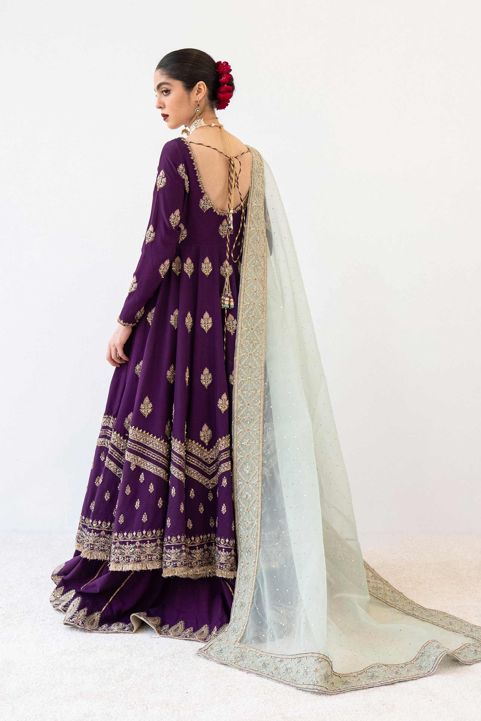 Pakistani Purple Naqshi Embroidered Bamber Silk Pishwas (3-Piece) - Image 6