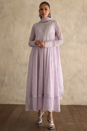 Lavender Embroidered Chiffon Pishwas (3-Piece) - Image 3