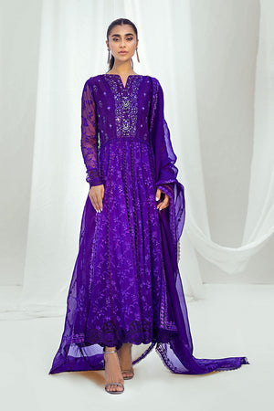 Purple Embroidered Chiffon Pishwas Dress (2-Piece) - Image 5