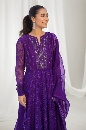 Purple Embroidered Chiffon Pishwas Dress (2-Piece) - Image 6