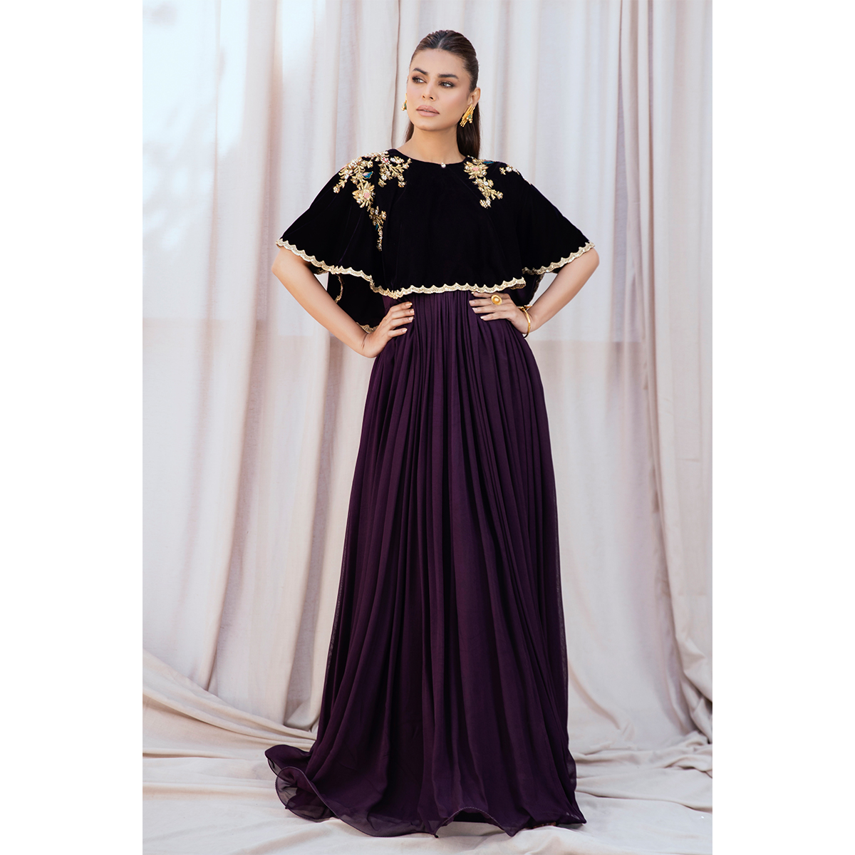 Plum Zardozi Chiffon Pishwas Dress (2-Piece) - Image 1