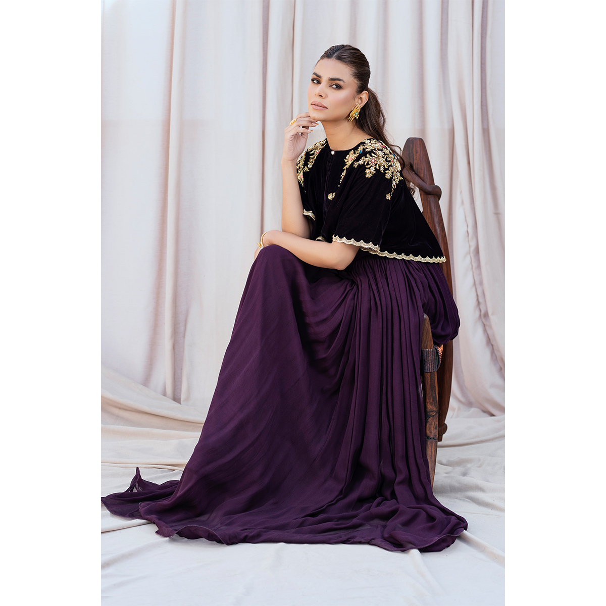 Plum Zardozi Chiffon Pishwas Dress (2-Piece) - Image 5