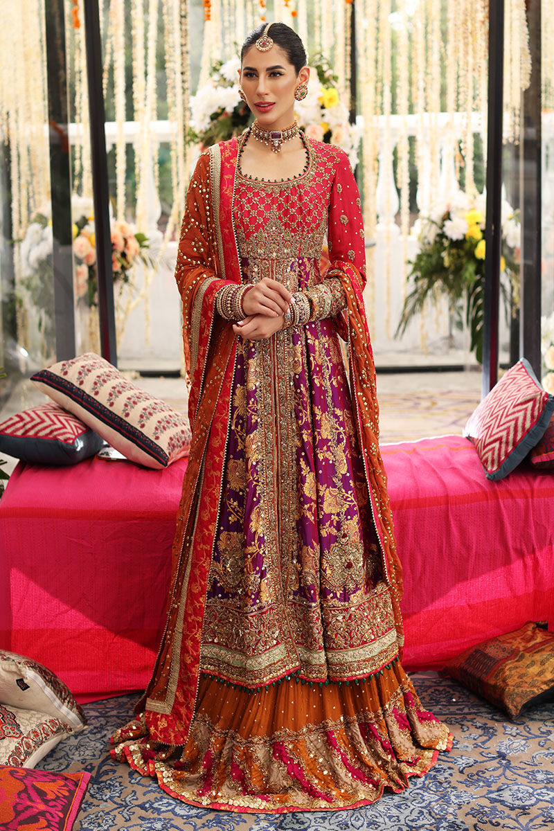 Pakistani Purple & Deep Coral Handworked Pishwas Dress (3-Piece) - Image 1