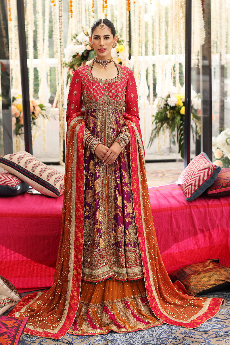 Pakistani Purple & Deep Coral Handworked Pishwas Dress (3-Piece) - Image 2