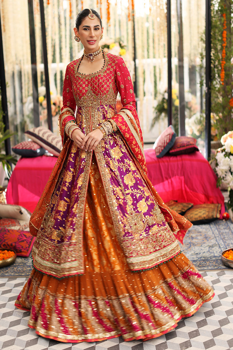 Pakistani Purple & Deep Coral Handworked Pishwas Dress (3-Piece) - Image 4