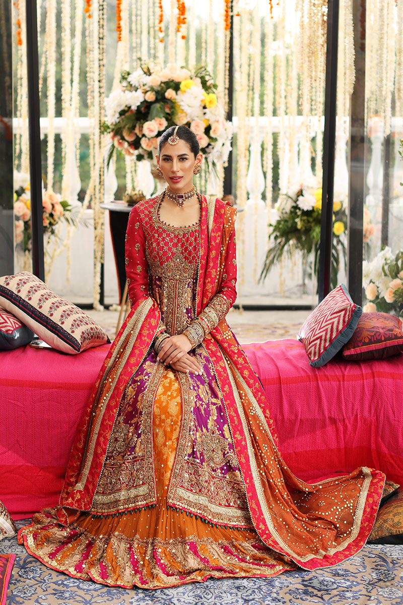 Pakistani Purple & Deep Coral Handworked Pishwas Dress (3-Piece) - Image 6