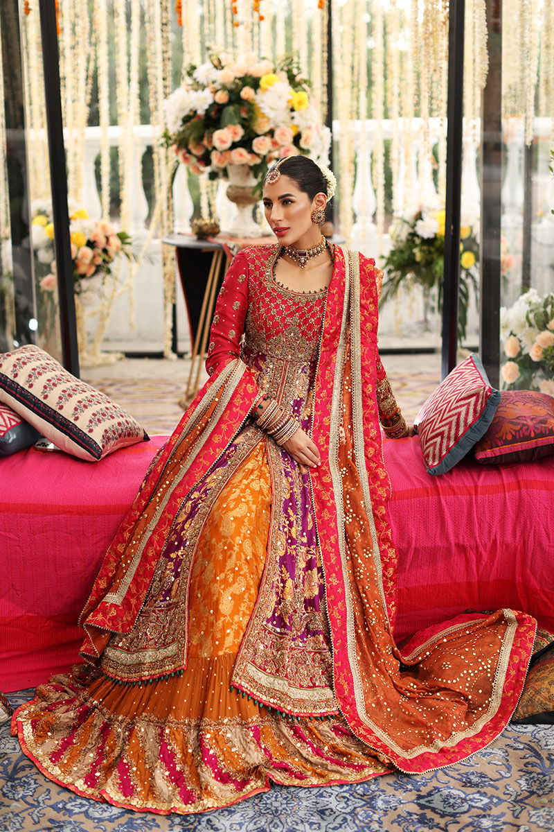 Pakistani Purple & Deep Coral Handworked Pishwas Dress (3-Piece) - Image 7