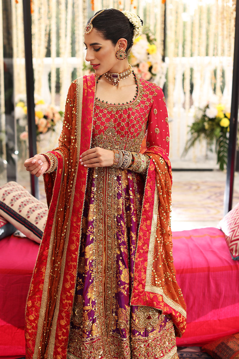 Pakistani Purple & Deep Coral Handworked Pishwas Dress (3-Piece) - Image 8