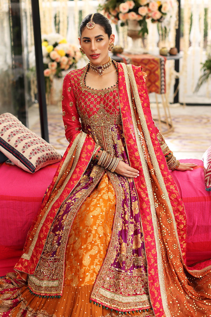 Pakistani Purple & Deep Coral Handworked Pishwas Dress (3-Piece) - Image 9