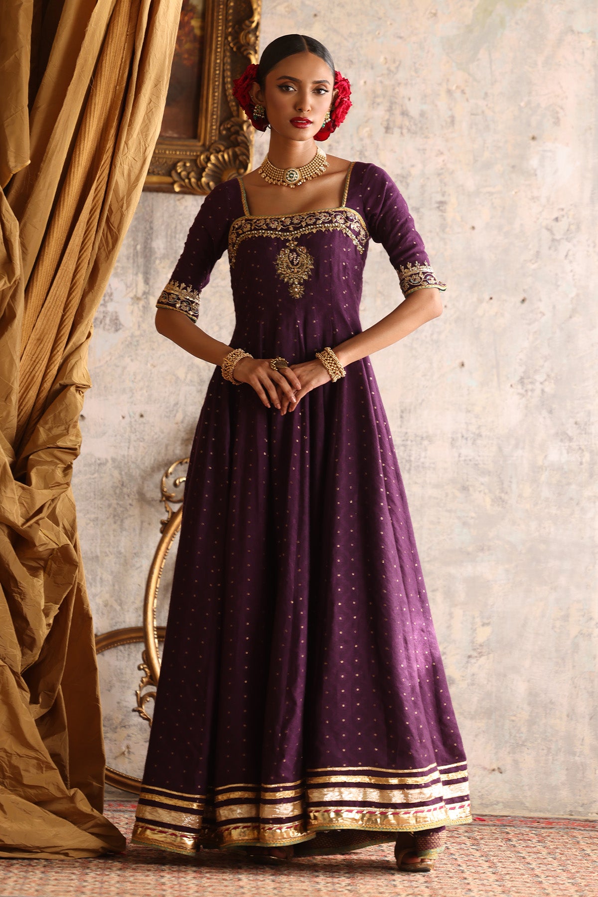 Pakistani Imperial Purple Zardozi Cotton Net Jacquard Pishwas (2-Piece) - Image 1